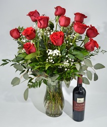Dozen Roses and Wine from Schultz Florists, flower delivery in Chicago