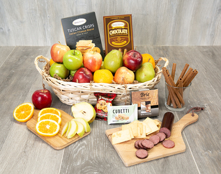 Fruit cheese and Gourmet Basket from Schultz Florists, flower delivery in Chicago