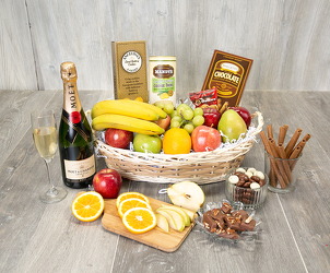 Fruit, Champagne and Gourmet Basket from Schultz Florists, flower delivery in Chicago