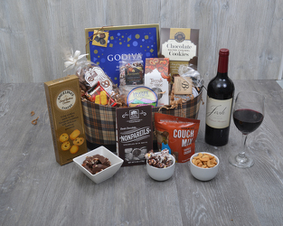 Wine and Chocolate Plaid Basket from Schultz Florists, flower delivery in Chicago