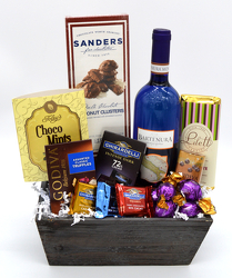 Wine and Chocolate Wood Box from Schultz Florists, flower delivery in Chicago