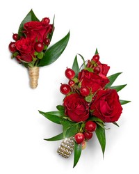 Crimson Corsage and Boutonniere Set from Schultz Florists, flower delivery in Chicago